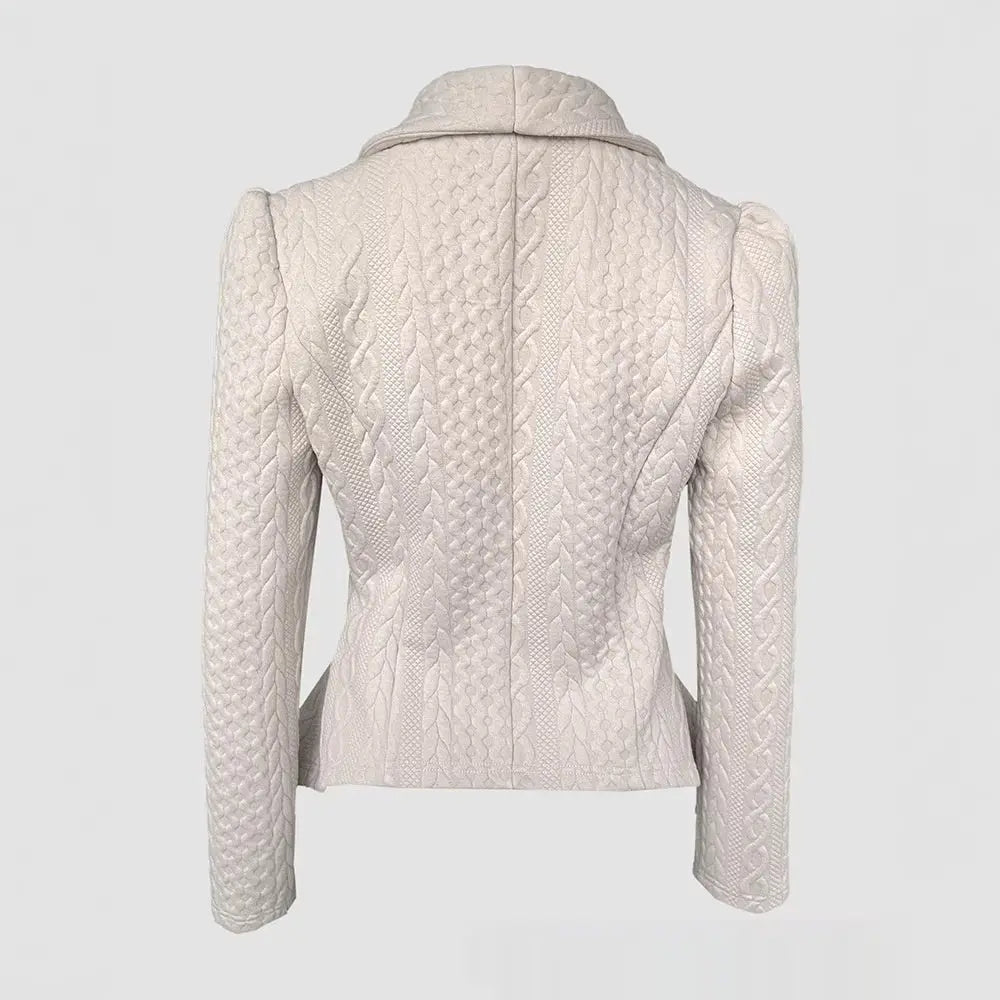 Womens Knitted Jacquard Lapel Fitted Waist Long Sleeve Coat Dropshipman