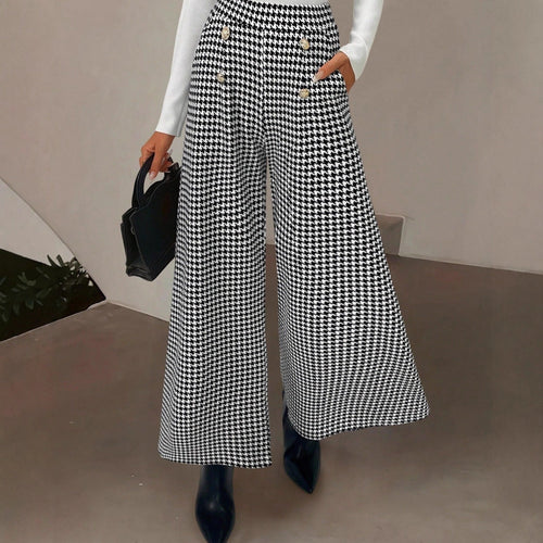 Elegant Houndstooth Wide-leg Cropped Pants Dropshipman