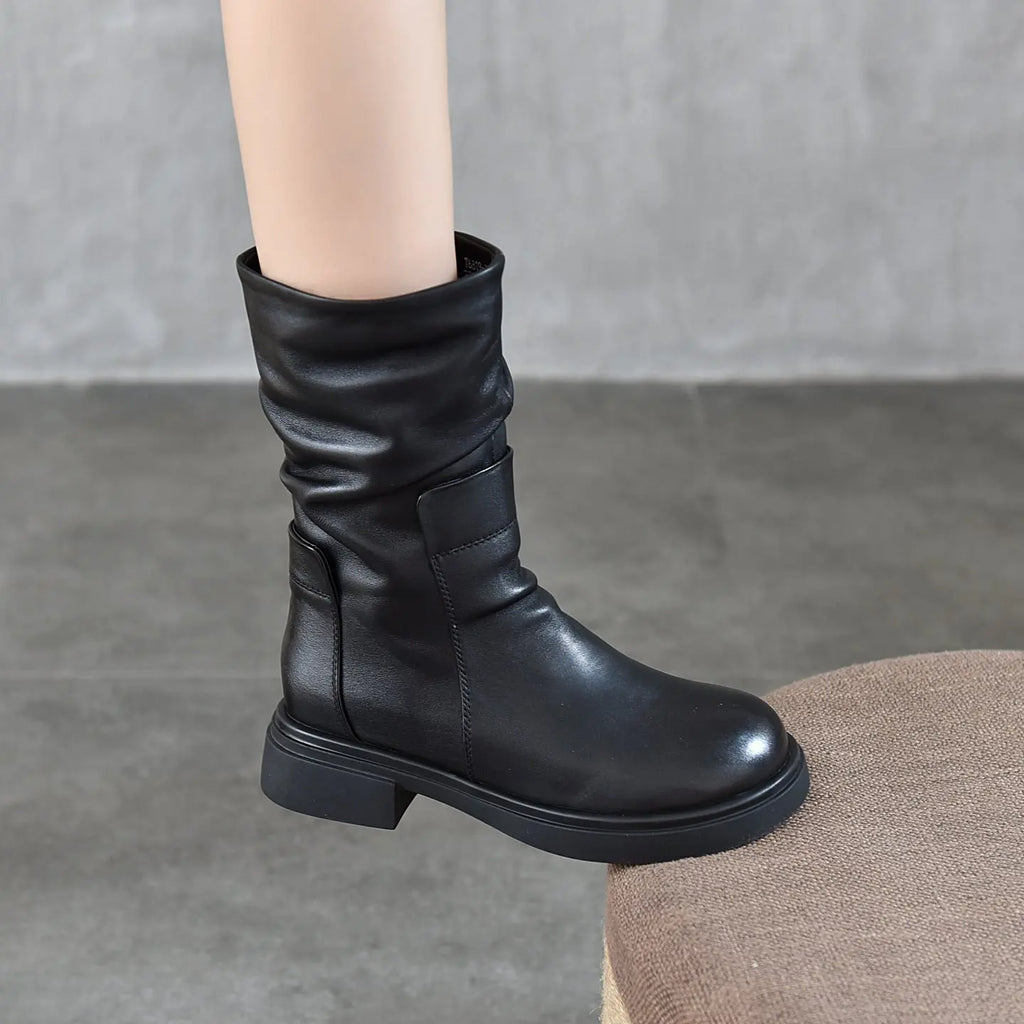 Womens Round-Toe Boots With Genuine Leather Side Zipper Dropshipman