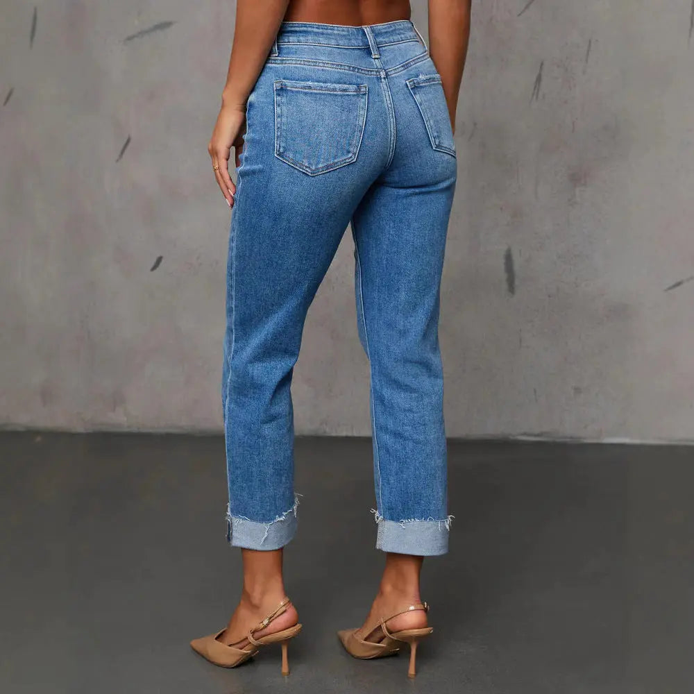 Cuffed Capri Pants - Fashionable Stretchy Whiskered Denim Jeans for Stylish Comfort Dropshipman