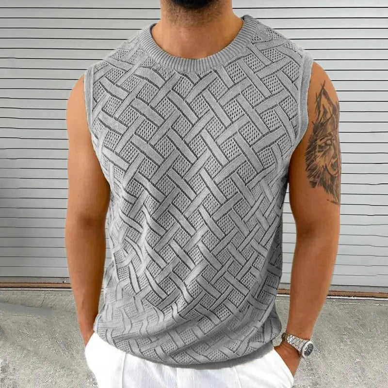 SpringSummer Knitted Mens Crew-Neck Sleeveless Hollow-Out Top Dropshipman
