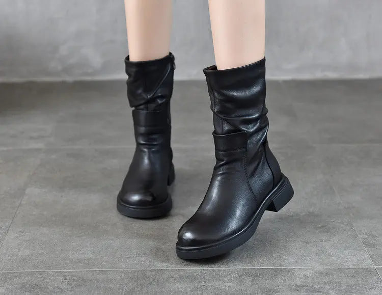 Womens Round-Toe Boots With Genuine Leather Side Zipper Dropshipman