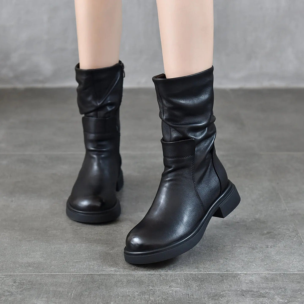 Womens Round-Toe Boots With Genuine Leather Side Zipper Dropshipman