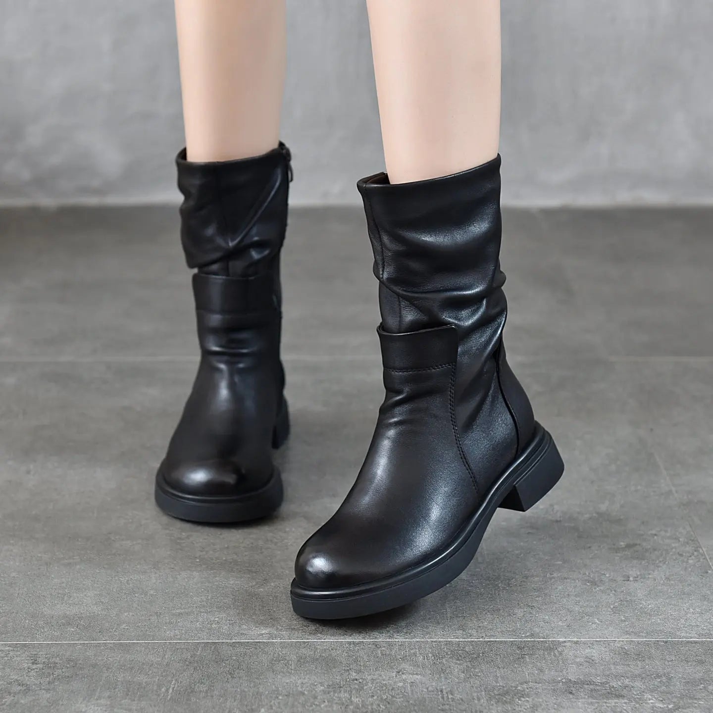 Womens Round-Toe Boots With Genuine Leather Side Zipper Dropshipman