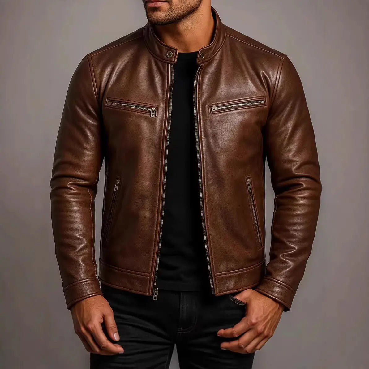 Mens PU Leather Motorcycle Jacket With A Stand-Up Collar Dropshipman