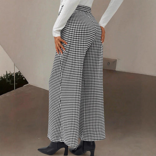 Elegant Houndstooth Wide-leg Cropped Pants Dropshipman