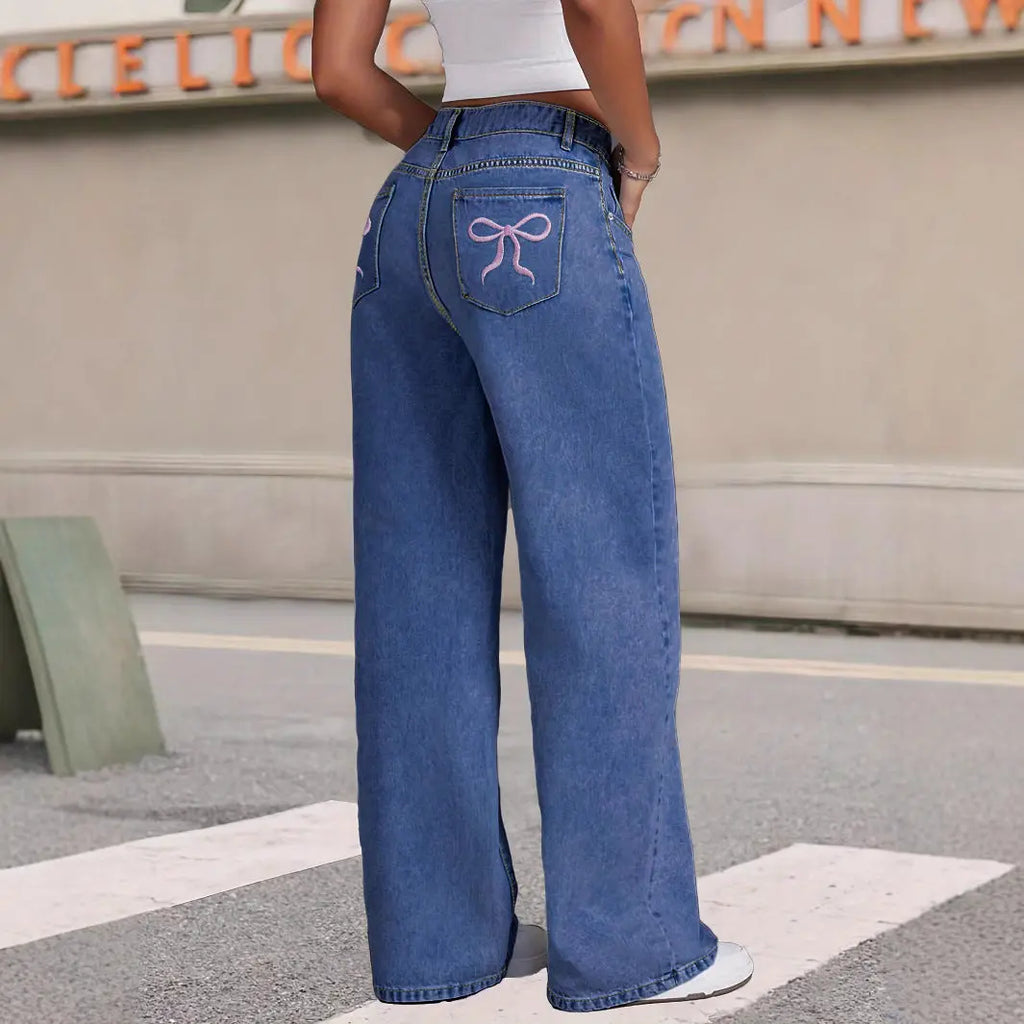 Trendy Loose-Fit Casual Jeans with Bow-Knot Embroidery Dropshipman