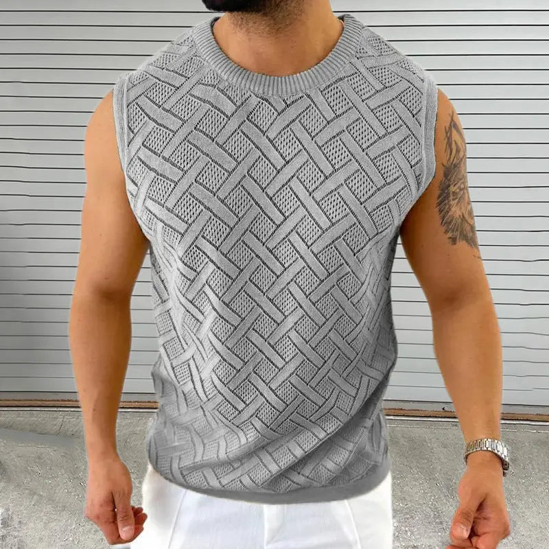 SpringSummer Knitted Mens Crew-Neck Sleeveless Hollow-Out Top Dropshipman