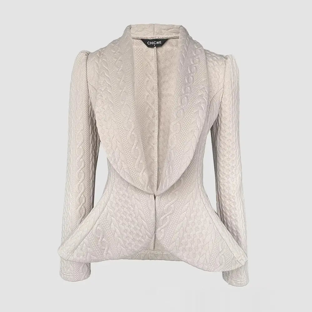 Womens Knitted Jacquard Lapel Fitted Waist Long Sleeve Coat Dropshipman