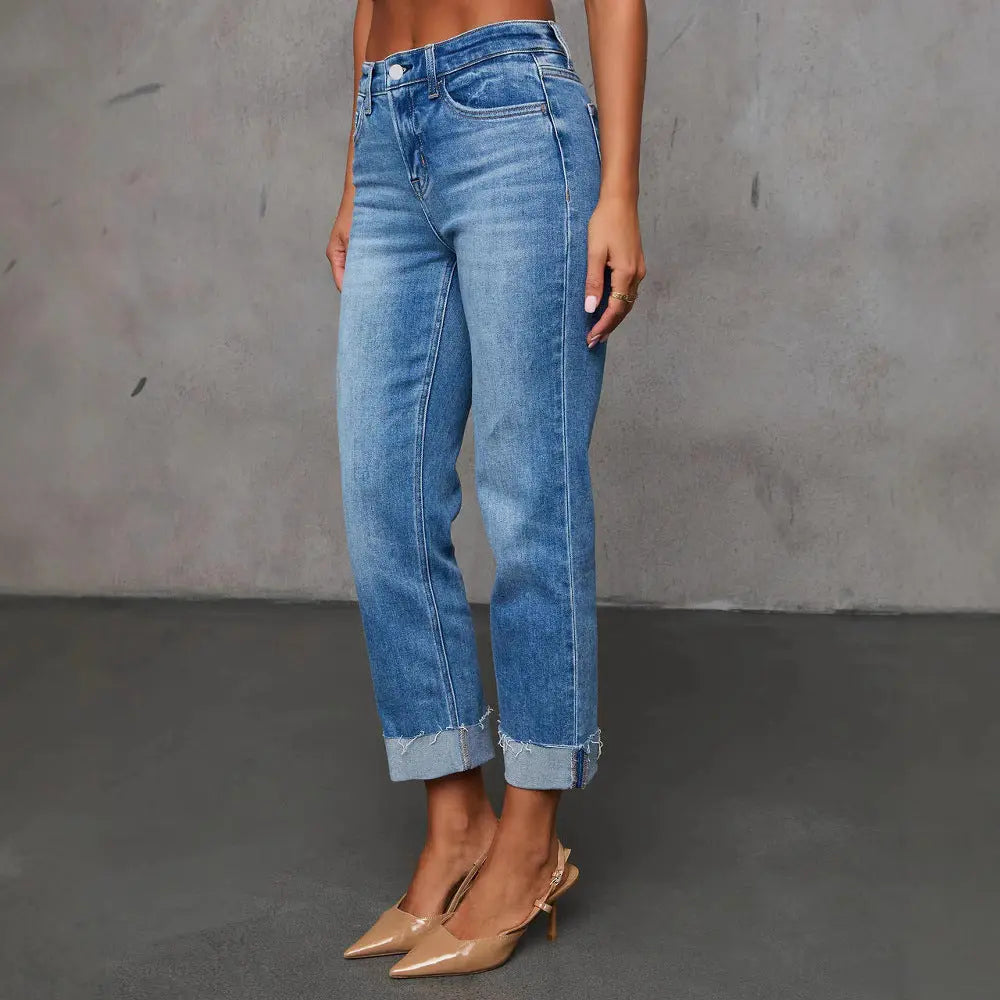 Cuffed Capri Pants - Fashionable Stretchy Whiskered Denim Jeans for Stylish Comfort Dropshipman