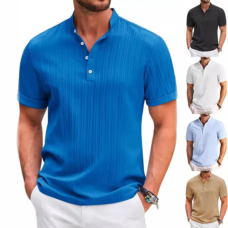 Summer Men’s Short Sleeve Polo Shirt - Stand Collar, Button-Up, Solid Color & Stripe Design, Casual Beachwear, Fashionable and Comfortable Dropshipman