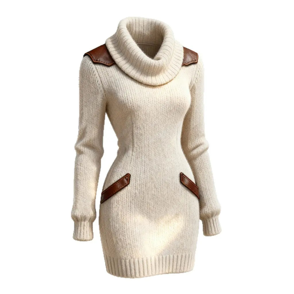 Casual Leather-Panelled Slim-Fit Turtleneck Knit Dress Dropshipman
