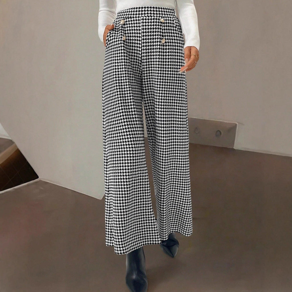 Elegant Houndstooth Wide-leg Cropped Pants Dropshipman