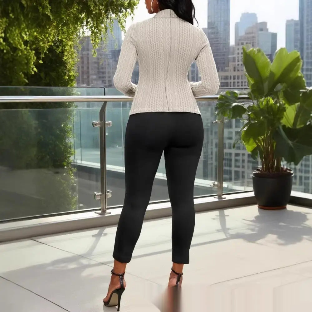 Womens Knitted Jacquard Lapel Fitted Waist Long Sleeve Coat Dropshipman